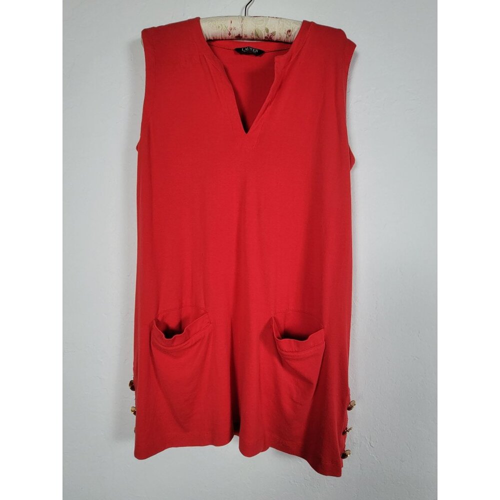 Lauren Ralph Lauren Red Sleeveless Cover Up Tunic Dress w/ Side Button Pockets